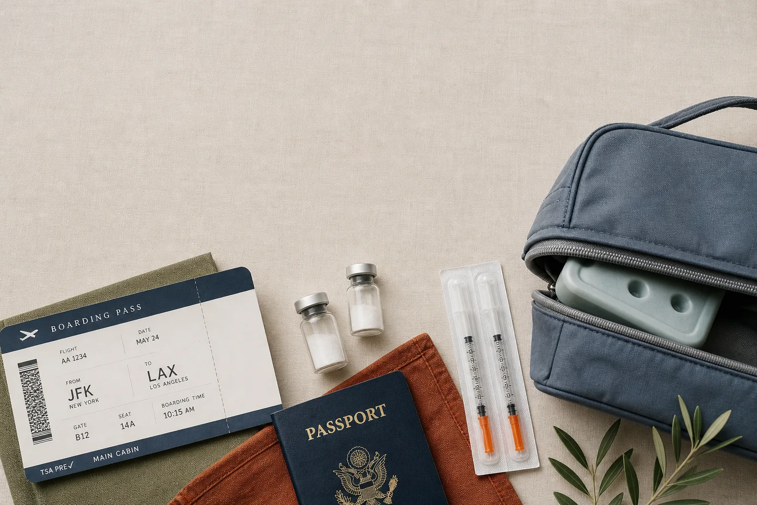 Editorial flat-lay on bone-coloured linen: a folded paper boarding pass, a small soft cooler bag with the corner of an ice pack peeking out, two unbranded peptide vials, a strip of insulin syringes, and a passport. Soft overhead light. Restrained palette of slate-blue, sage and warm rust on bone, magazine-grade typography, no faces, generous negative space at the top for a headline.
