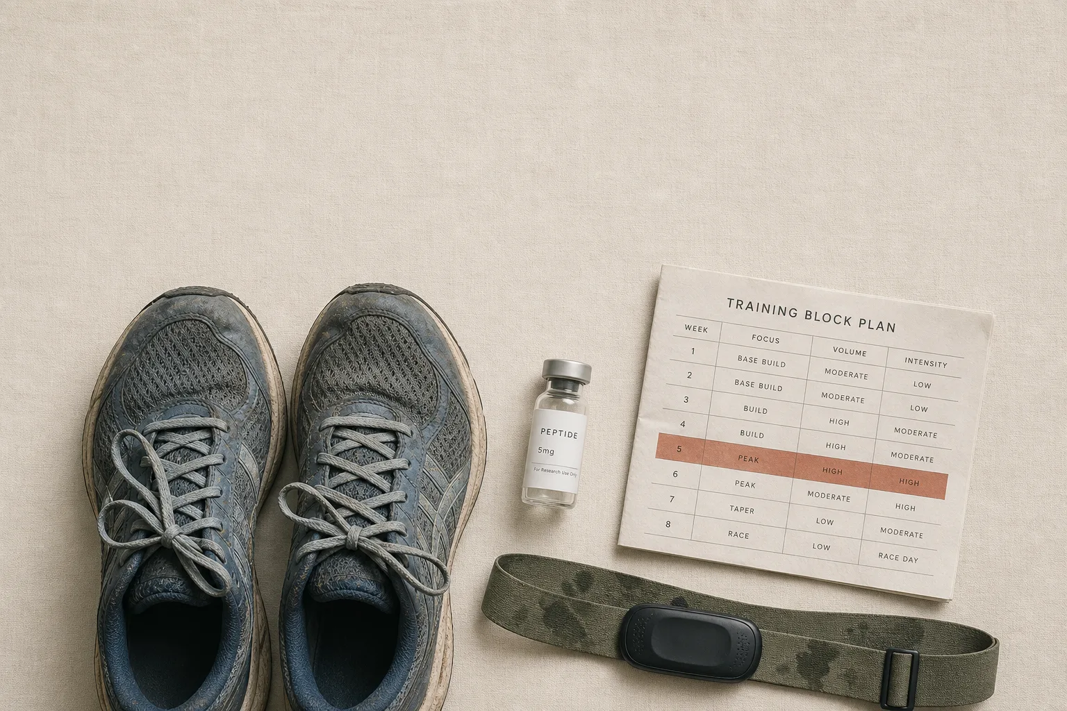 Composición editorial cenital sobre lino color hueso: un par de zapatillas de correr bien usadas vistas desde arriba, un pequeño vial de péptido sin marca al lado, un plan de bloque de entrenamiento en papel plegado con una semana marcada en óxido cálido suave, y una correa de pulsómetro manchada de sudor. Luz suave desde arriba. Paleta contenida de azul pizarra, salvia y óxido cálido sobre hueso, tipografía de revista, sin rostros, abundante espacio negativo en la parte superior para un titular.