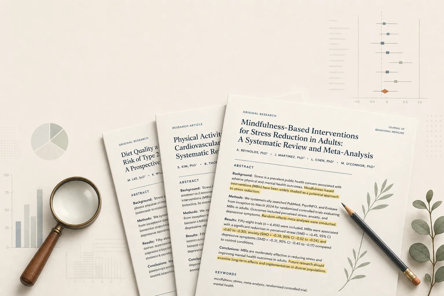 Editorial flat-lay illustration on a soft off-white surface: a stack of three printed paper journal articles slightly fanned out, with hand-drawn yellow highlighter strokes visible on the topmost page. A small magnifying glass sits to the side, a pencil rests across the abstract section of the top paper. Subtle bar-chart and forest-plot patterns visible faintly in the background as design elements. Magazine-grade editorial style, restrained palette of bone, slate-blue, sage, and warm rust, sans-serif typography, generous negative space at the top for a headline.