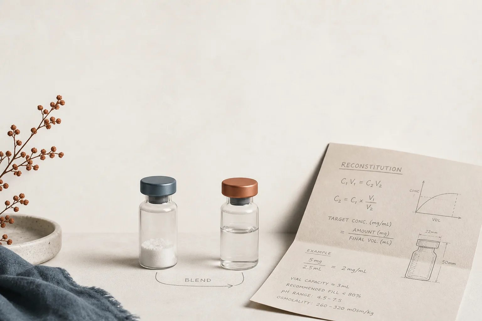 Editorial overhead still life on a soft off-white surface: two small unbranded glass vials placed side by side with a single fine pencil-drawn line connecting them, suggesting a blend, plus a folded paper sheet beside with sketched math equations partially visible. No faces, no clinical setting, no needles depicted. Magazine-cover composition, restrained palette of bone, slate-blue and warm rust, sans-serif typography, generous negative space at the top for a headline.
