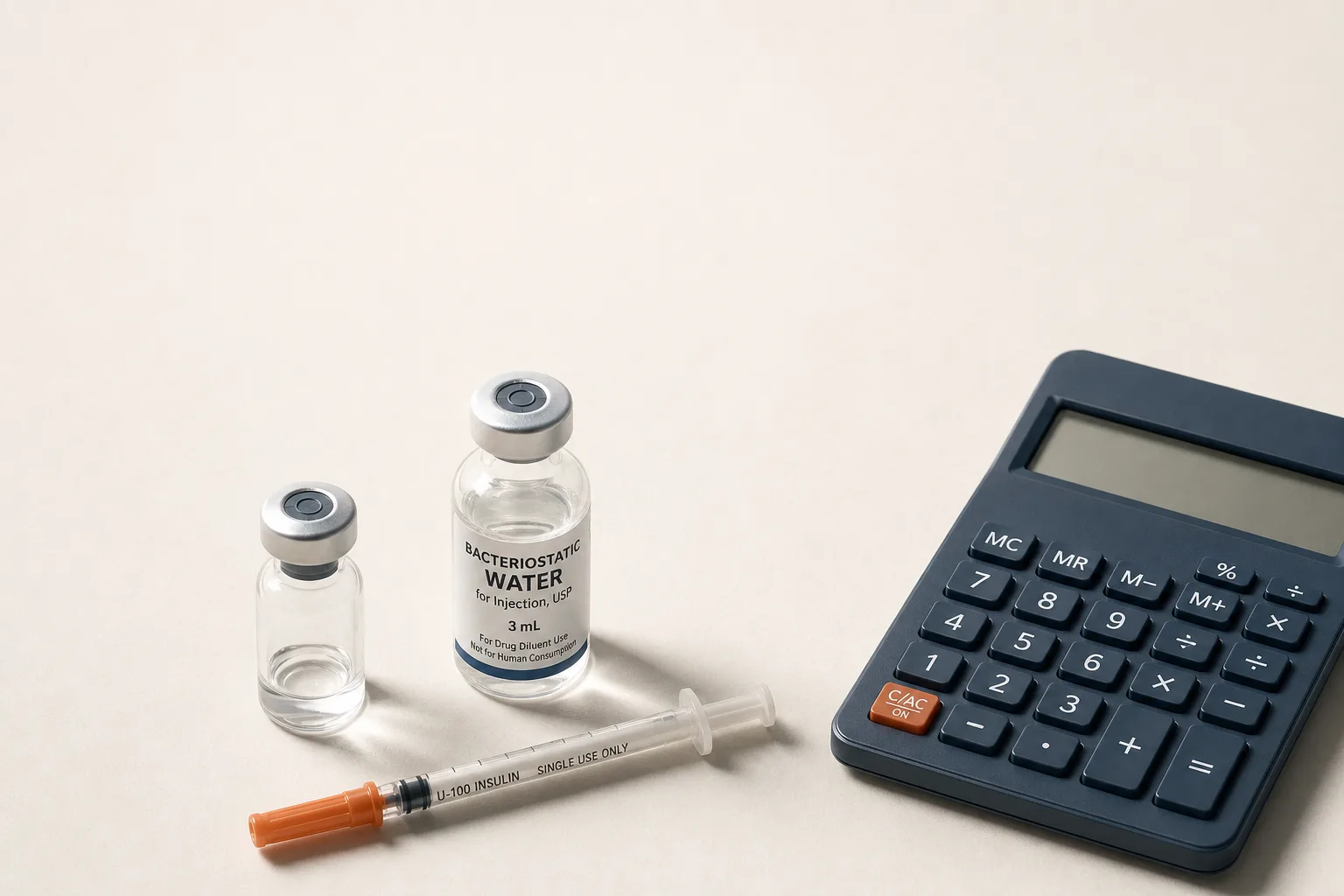Editorial overhead still life on a clean off-white surface: a small unbranded glass vial with a fresh rubber stopper, a 3 mL bacteriostatic-water vial, and a single fresh insulin syringe arranged in a triangle next to a calculator. No labels, no faces, no clinical setting. Magazine-cover composition, soft directional light, desaturated palette of bone, slate-blue and warm rust, generous negative space at the top for a headline.