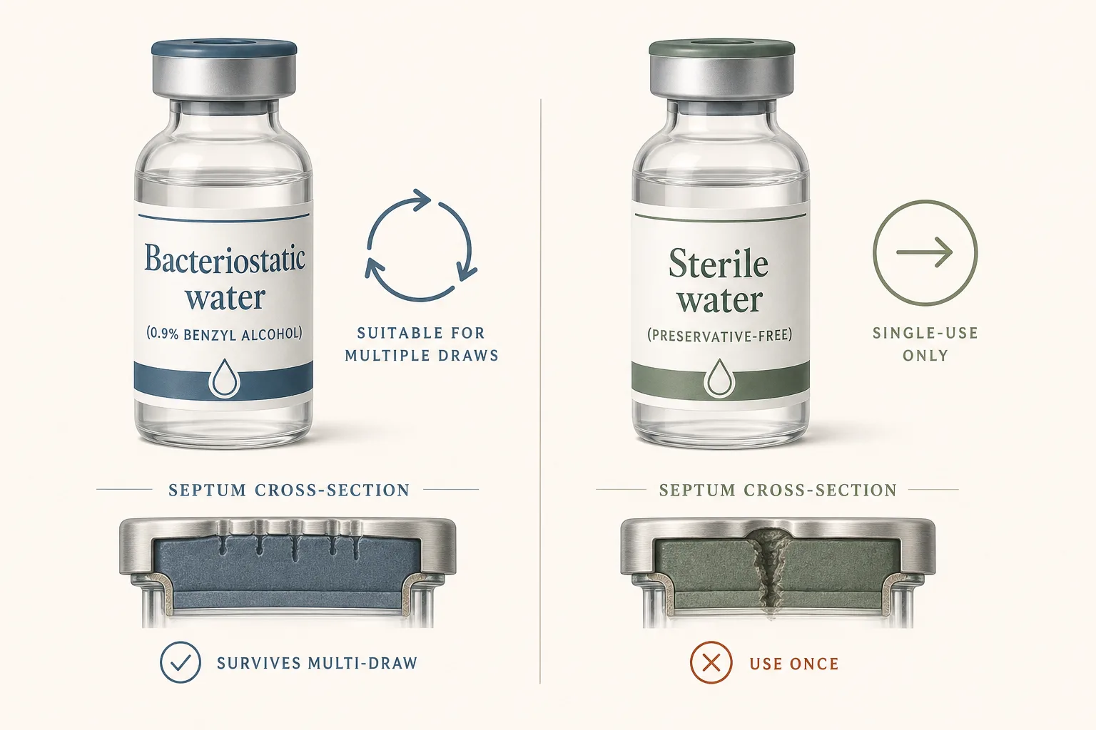 Editorial side-by-side comparison illustration of two water vials. Left vial labeled 'Bacteriostatic water (0.9% benzyl alcohol)' shown with a small repeated-arrow icon indicating multiple-draw use. Right vial labeled 'Sterile water (preservative-free)' shown with a single-arrow icon indicating single-use context. Below each vial, a small labeled septum cross-section showing 'survives multi-draw' vs 'use once'. Clean medical-illustration style, restrained palette of slate-blue, sage and warm rust on off-white background, sans-serif typography.