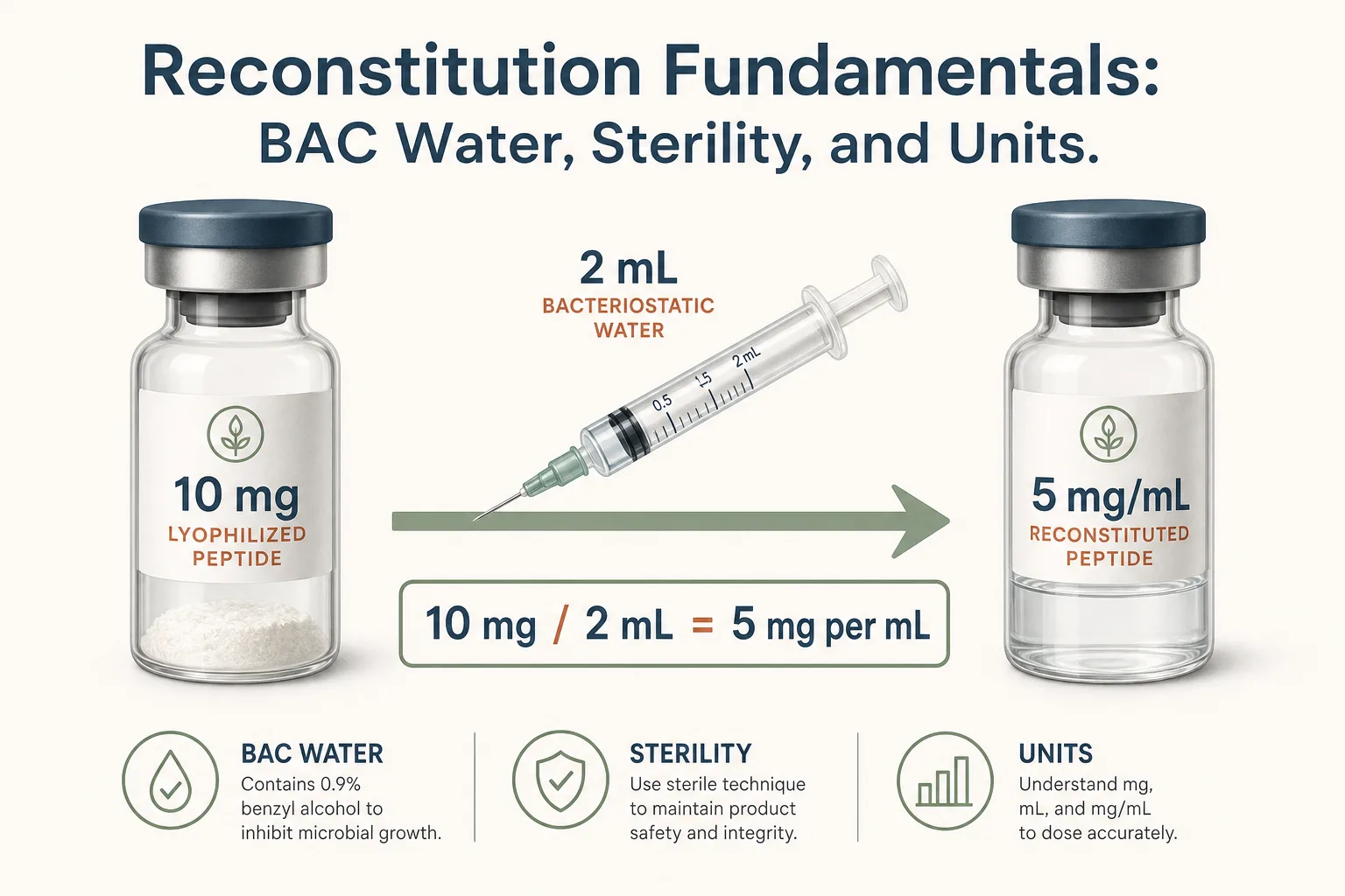 Editorial diagram of reconstitution math. Center-left: a stylized vial labeled '10 mg lyophilized peptide' with a faint cake of powder at the bottom. Arrow pointing right to a syringe labeled '2 mL bacteriostatic water'. Below the arrow, the equation written cleanly: '10 mg / 2 mL = 5 mg per mL'. To the right, the same vial now showing the powder dissolved with the label updated to '5 mg/mL'. Clean medical-illustration style, large readable equation typography, restrained palette of slate-blue, sage green and warm rust on off-white background, sans-serif.