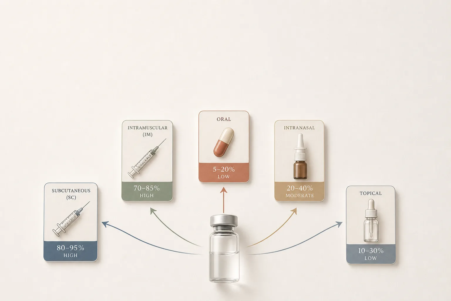 Editorial flat-lay infographic on a soft off-white surface arranged like a route comparison chart: a small unbranded glass vial sits in the centre, with five thin labelled arrows fanning out to small icon tiles representing each delivery route - a tiny syringe (SC), a slightly longer syringe (IM), a stylised capsule (oral), a small nasal spray bottle (intranasal), and a small dropper bottle (topical). Each tile has a small percentage label suggesting bioavailability tier (high / moderate / low). No faces, no clinical setting, no needles in tissue. Magazine-grade reference style, restrained palette of bone, slate-blue, sage, and warm rust, sans-serif typography, generous negative space at the top for a headline.