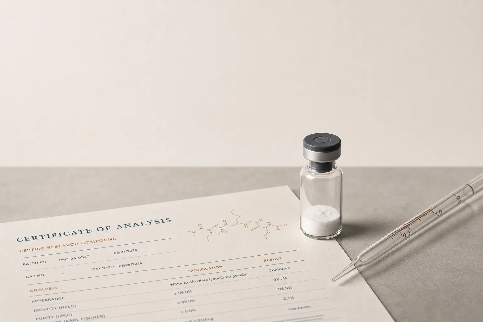 Editorial still life on a clean lab bench: a small unbranded glass vial with a rubber stopper, a folded paper certificate-of-analysis-style document partially visible underneath, a precision glass pipette, and a soft shadow from overhead light. No branding, no syringes, no faces. Magazine-cover composition, desaturated palette of bone, slate-blue and warm rust, generous negative space at the top for a headline.