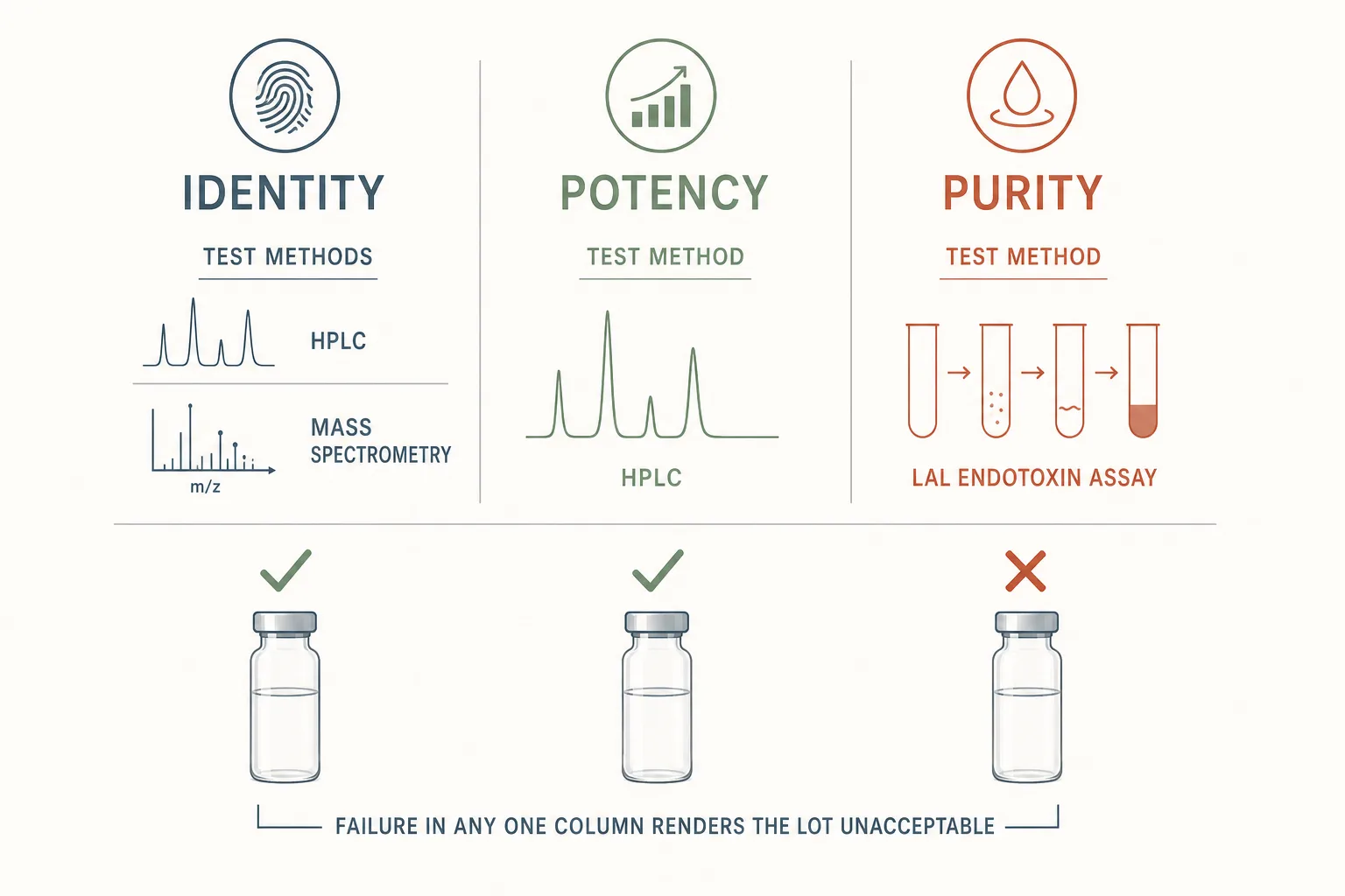 Editorial diagram showing three vertical columns labeled Identity, Potency, and Purity. Each column has a representative test method beside it: HPLC + mass spectrometry for Identity, the same HPLC trace re-used for Potency, and an LAL endotoxin assay illustration for Purity. Below all three columns is a single row of three plain glass vials, with green checkmarks above two and a small red X above the third to show that any one column failing means the lot is bad. Clean medical-illustration style, restrained palette of slate-blue, sage green and warm rust on off-white, sans-serif typography, no shading.