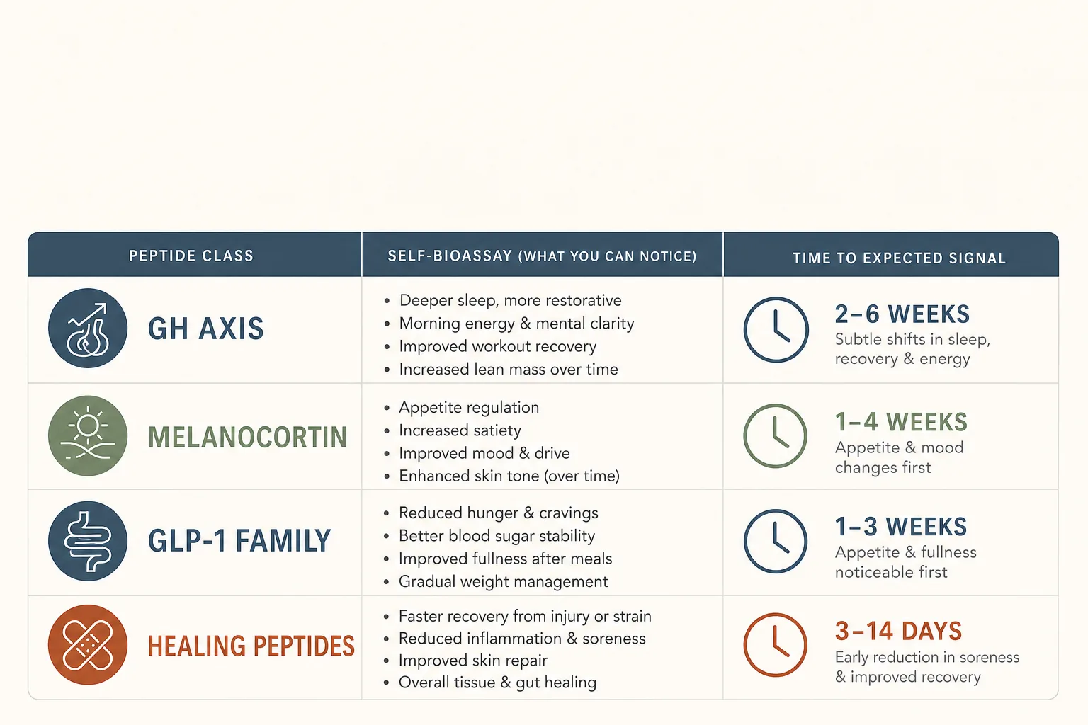 Editorial table-style infographic with four rows, one per peptide class (GH axis, Melanocortin, GLP-1 family, Healing peptides), and three columns: Class, Self-bioassay, Time to expected signal. Filled cells: GH axis -> IGF-1 bloodwork -> 6-8 weeks; Melanocortin -> flushing + pigmentation (MT-II) or central libido response (PT-141) -> 45-90 min to first dose; GLP-1 -> appetite suppression / food-noise reduction -> first week; Healing -> no clean bioassay (HPLC required) -> N/A. Clean editorial-table style, restrained palette of slate, sage and warm rust on off-white background, magazine-grade typography.