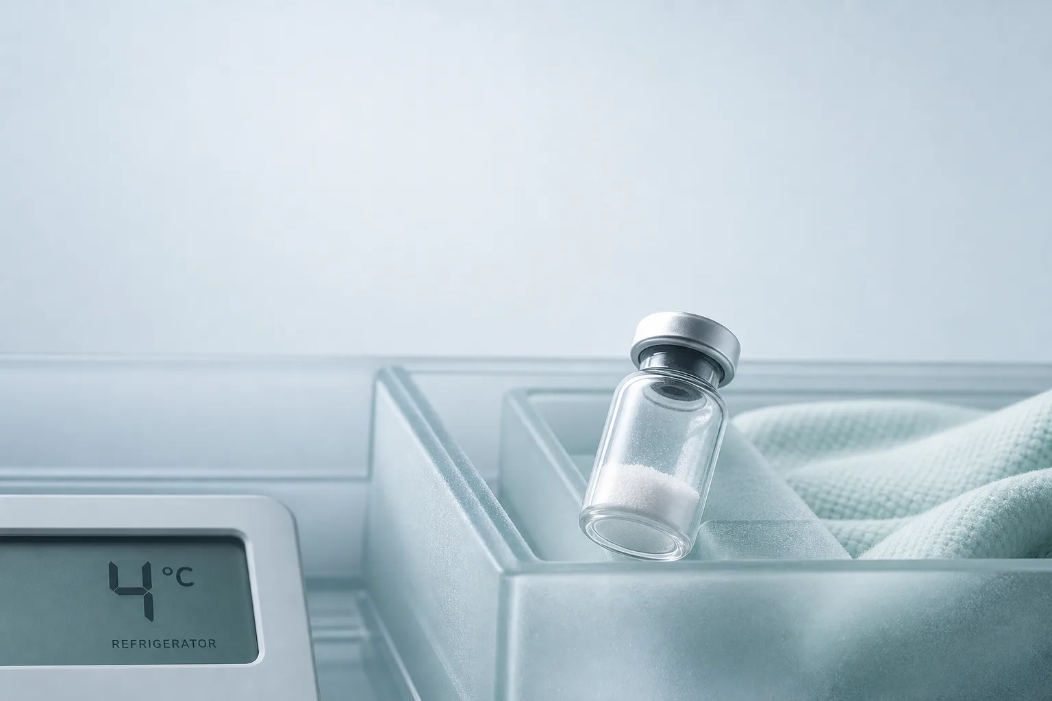 Editorial overhead still life: a small unbranded glass vial inside a frosted-glass refrigerator compartment, with a corner of a fridge thermometer (showing 4 °C) visible in the foreground and a soft cool light from above. No labels, no faces, no clinical setting. Magazine-cover composition, desaturated palette of cool blues, mint and bone, generous negative space at the top for a headline.