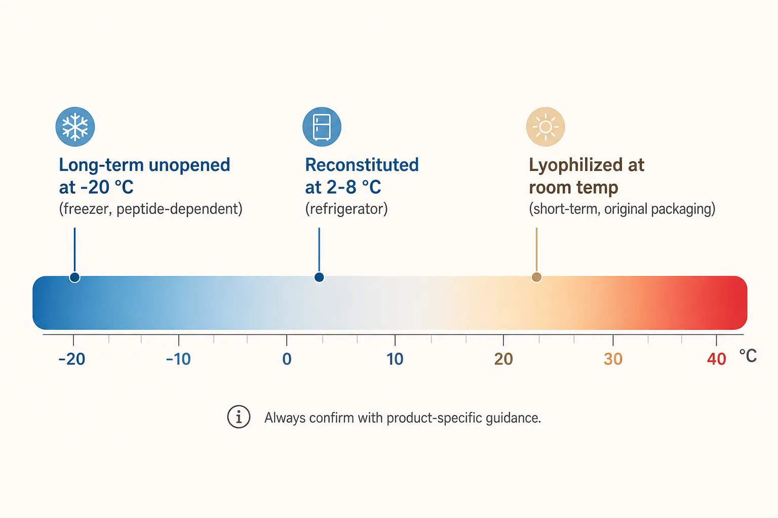 Editorial horizontal temperature gradient bar chart on an off-white canvas. From left (cold) to right (warm), the bar transitions through icy blue, cool blue, neutral, warm beige, and red. Three labeled markers above the bar: 'Lyophilized at room temp (short-term, original packaging)' near the warm-beige zone, 'Reconstituted at 2-8 °C (refrigerator)' near the cool-blue zone, 'Long-term unopened at -20 °C (freezer, peptide-dependent)' at the icy-blue end. Below the bar, a small annotation: 'Always confirm with product-specific guidance.' Clean editorial-data-viz style, restrained palette, sans-serif typography, no clip-art.