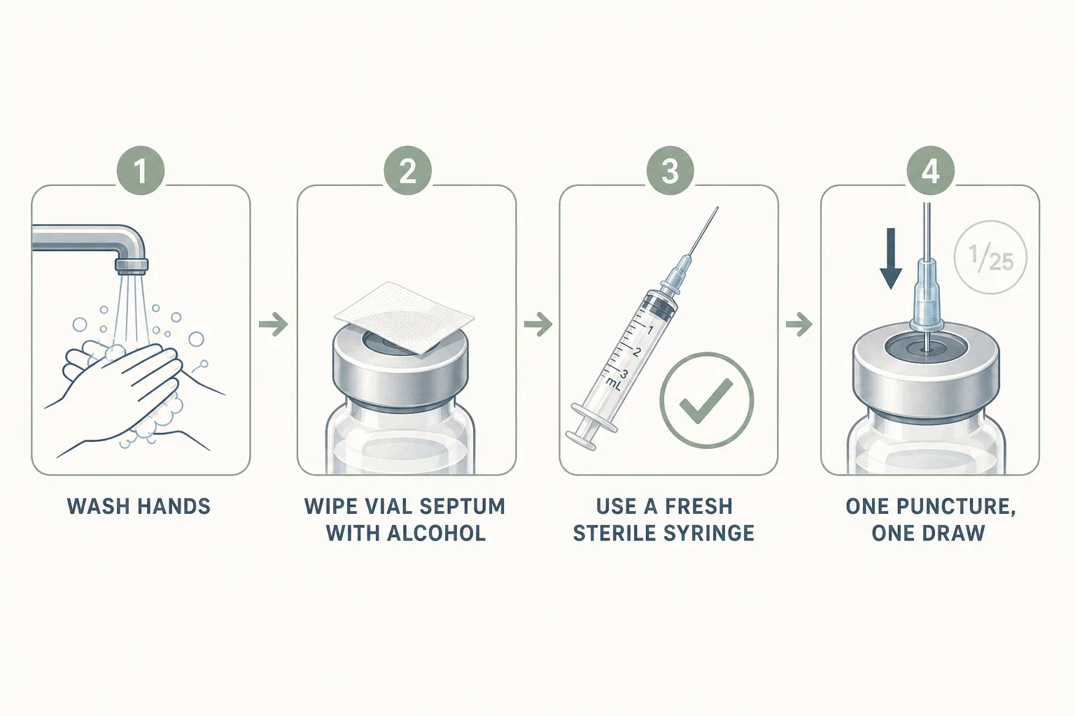 Editorial four-step aseptic-handling workflow diagram, drawn left-to-right as labeled tile icons. Tile 1: 'Wash hands' (a hands-under-water icon). Tile 2: 'Wipe vial septum with alcohol' (an alcohol pad on a stylized vial top). Tile 3: 'Use a fresh sterile syringe' (a syringe with a green checkmark). Tile 4: 'One puncture, one draw' (a vial septum with a single arrow through it and a counter showing '1/25' as a faint reminder). Each tile is connected to the next by a thin arrow. Clean medical-illustration style, restrained palette of slate-blue and sage on off-white, sans-serif typography.
