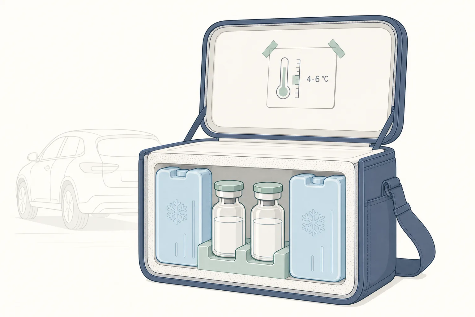 Editorial cross-section illustration of an insulated travel cooler bag, lid open. Inside: two small unbranded glass vials nestled between two cold packs (icy-blue color), with a small thermometer card showing 4-6 °C taped to the inside lid. Outside the bag, a faded car silhouette in the background to suggest road transport. Clean medical-illustration style, restrained palette of slate-blue, mint and bone on off-white, sans-serif typography, no shading.