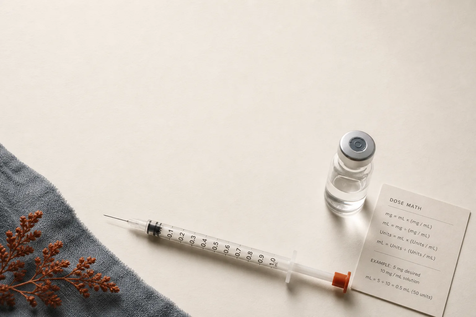 Editorial overhead still life: a single insulin syringe (1 mL, fine gauge) lying flat on an off-white surface beside a small unbranded glass vial and a tiny printed reference card showing simple dose-math equations. No labels, no faces. Magazine-cover composition, soft directional light, desaturated palette of bone, slate-blue and warm rust, generous negative space at the top for a headline.