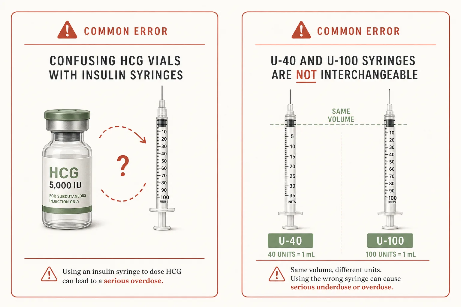 Editorial side-by-side warning illustration of two failure modes. Left card: 'Drug units vs syringe units' showing a small vial labeled 'HCG 5,000 IU' next to a U-100 insulin syringe with a confused arrow between them and a red warning glyph. Right card: 'U-40 vs U-100 mismatch' showing two syringes (U-40 and U-100) side by side with the same volume drawn but different unit numbers labeled below each. Each card has a faint red border indicating 'common error'. Clean medical-illustration style, restrained palette of charcoal, warm rust and sage on off-white, sans-serif typography.
