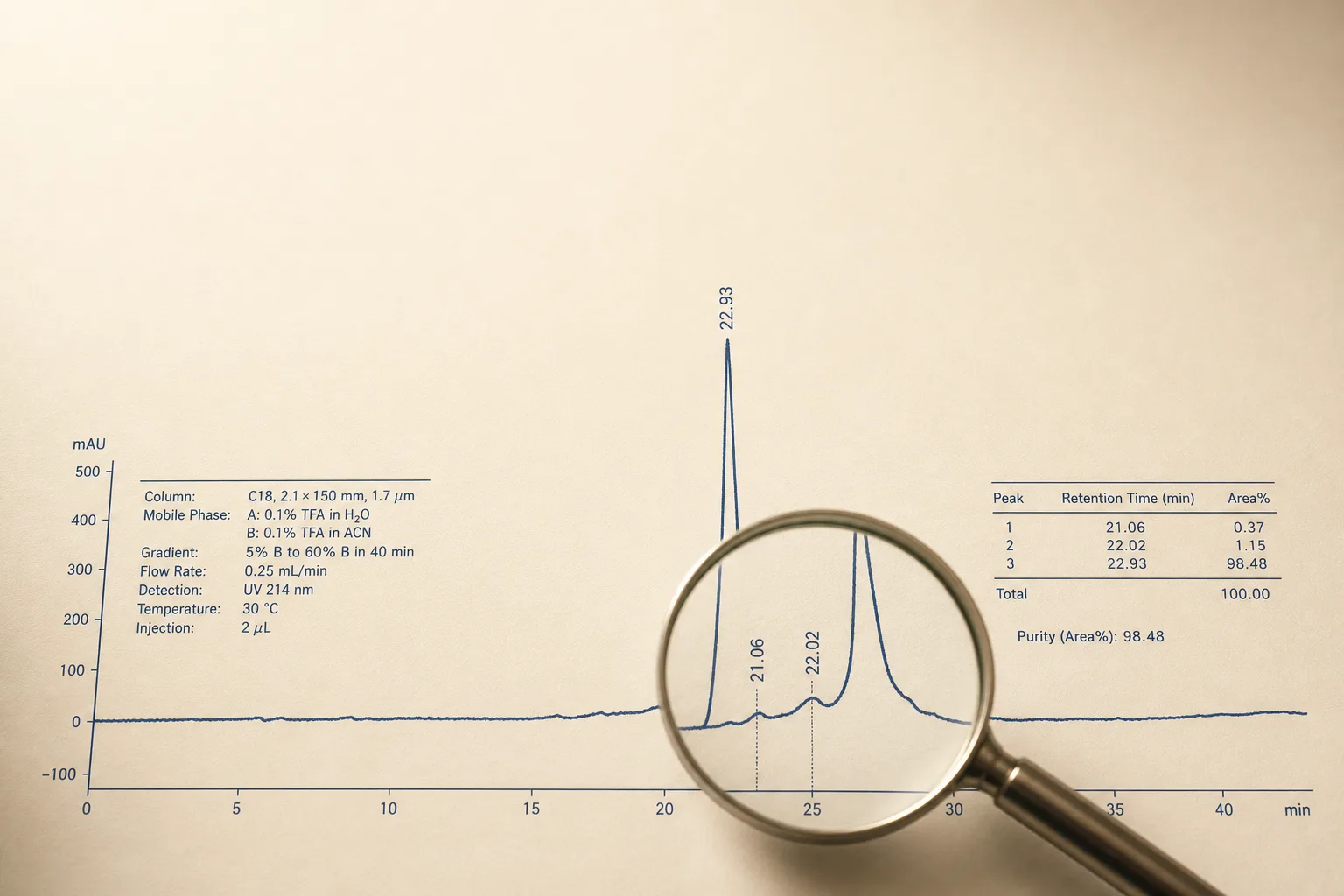 Editorial close-up of an HPLC chromatogram printout on bone-coloured paper, lit from a soft overhead source. A single tall main peak dominates the trace with two faint shoulder peaks just left and right of it, plus a low baseline drift. A magnifier glass is partially superimposed over the shoulder region rather than the main peak. Restrained palette of slate-blue ink on warm bone, no branding, no faces, generous negative space at the top for a headline.