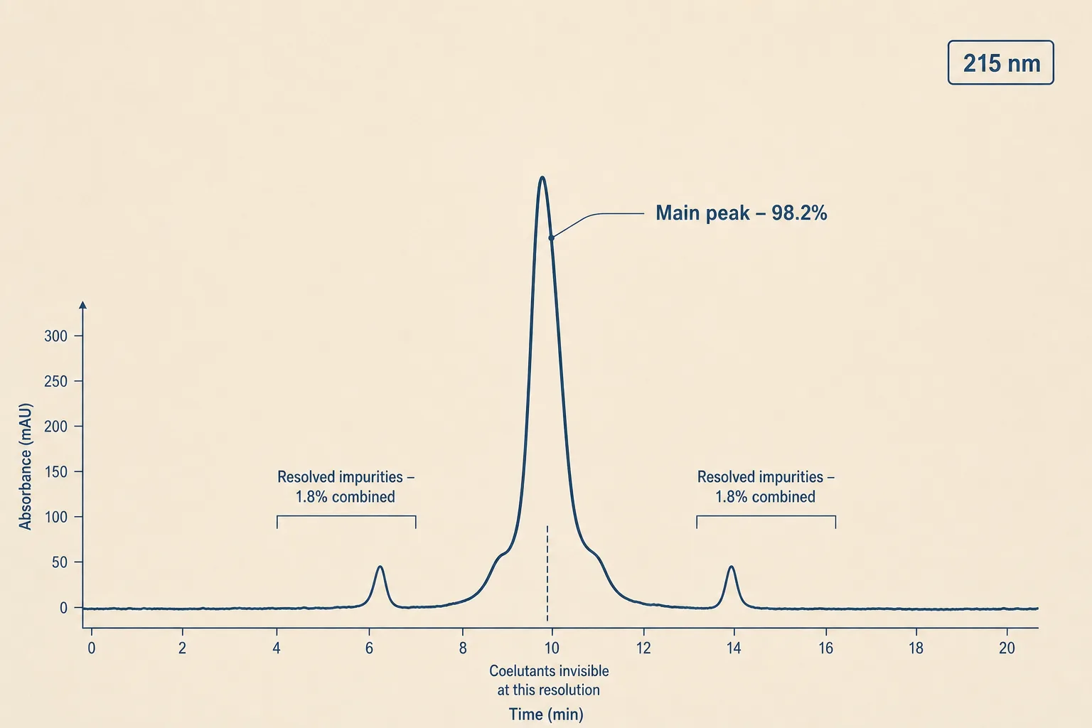 Editorial annotated HPLC chromatogram on bone-coloured paper. A tall main peak dominates the centre, labeled 'Main peak - 98.2%'. Two smaller flanking peaks are labelled 'Resolved impurities - 1.8% combined'. A dashed vertical line beneath the main peak shoulders is labelled 'Coelutants invisible at this resolution'. Detection wavelength annotation in the corner reads '215 nm'. Restrained palette of slate-blue trace on warm bone background, sans-serif annotations, no faces, magazine-grade typography.