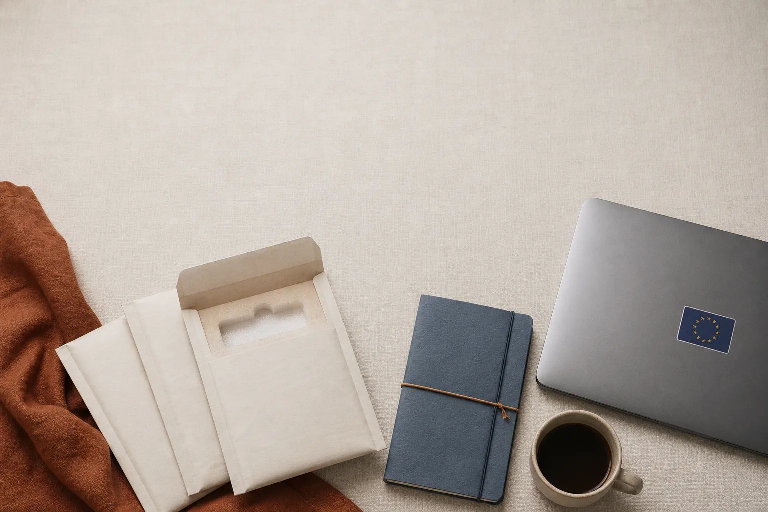 Editorial overhead flat-lay on bone-coloured linen: a stack of three plain shipping envelopes (one open showing a small empty foam-padded peptide vial slot), a folded paper notebook, a closed laptop with a small EU-flag sticker on the lid, a coffee cup. Soft natural overhead light, no faces or hands visible, no logos or branding. Restrained palette of slate-blue, warm rust and bone, magazine-grade typography, generous negative space at the top for a headline.