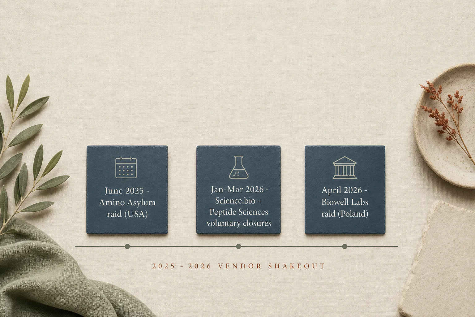 Editorial flat-lay on bone-coloured linen showing a stylised timeline left-to-right of three small slate-blue tile icons. Tile 1 labeled 'June 2025 - Amino Asylum raid (USA)'. Tile 2 labeled 'Jan-Mar 2026 - Science.bio + Peptide Sciences voluntary closures'. Tile 3 labeled 'April 2026 - Biowell Labs raid (Poland)'. Below the tiles, a faint horizontal line and the words '2025 - 2026 vendor shakeout' in small caps. Restrained palette of slate-blue, sage and warm rust on bone, magazine-grade typography, no clip-art, no faces or logos.