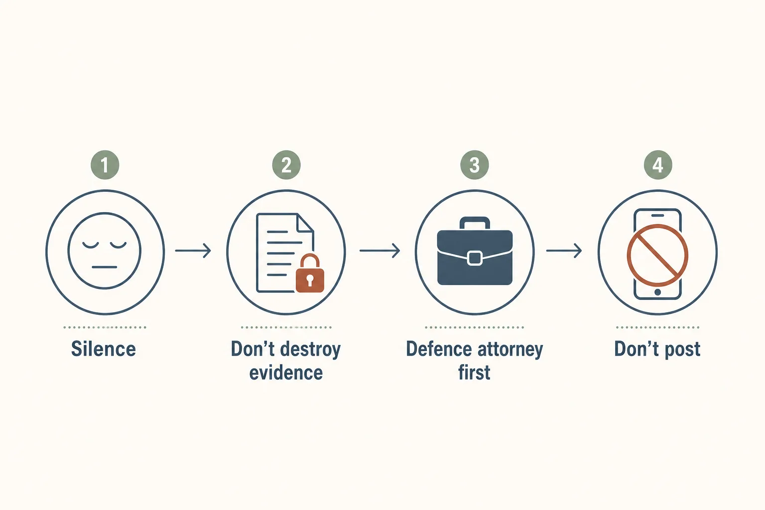 Editorial four-step flow diagram drawn left to right as labelled tile icons on off-white canvas. Tile 1: 'Silence' (a closed-mouth symbol). Tile 2: 'Don't destroy evidence' (a paper document with a small lock icon). Tile 3: 'Defence attorney first' (a small briefcase). Tile 4: 'Don't post' (a phone with a 'no' overlay). Each tile connected by a thin slate-blue arrow. Clean editorial-data-viz style, restrained palette of slate-blue, sage and bone, sans-serif typography, no clip-art.