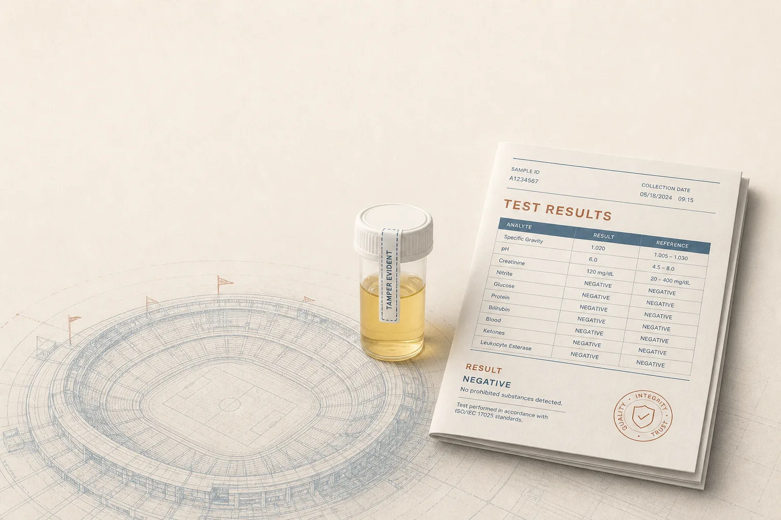 Editorial overhead still life on a soft off-white surface: a single small unbranded urine sample tube with a tamper-evident seal resting next to a folded paper test-results form, with a soft anatomical-illustration silhouette of a stadium ring just visible underneath as a textured background element. No faces, no clinical setting, no branding, no needles depicted. Magazine-cover composition, restrained palette of bone, slate-blue and warm rust, generous negative space at the top for a headline.
