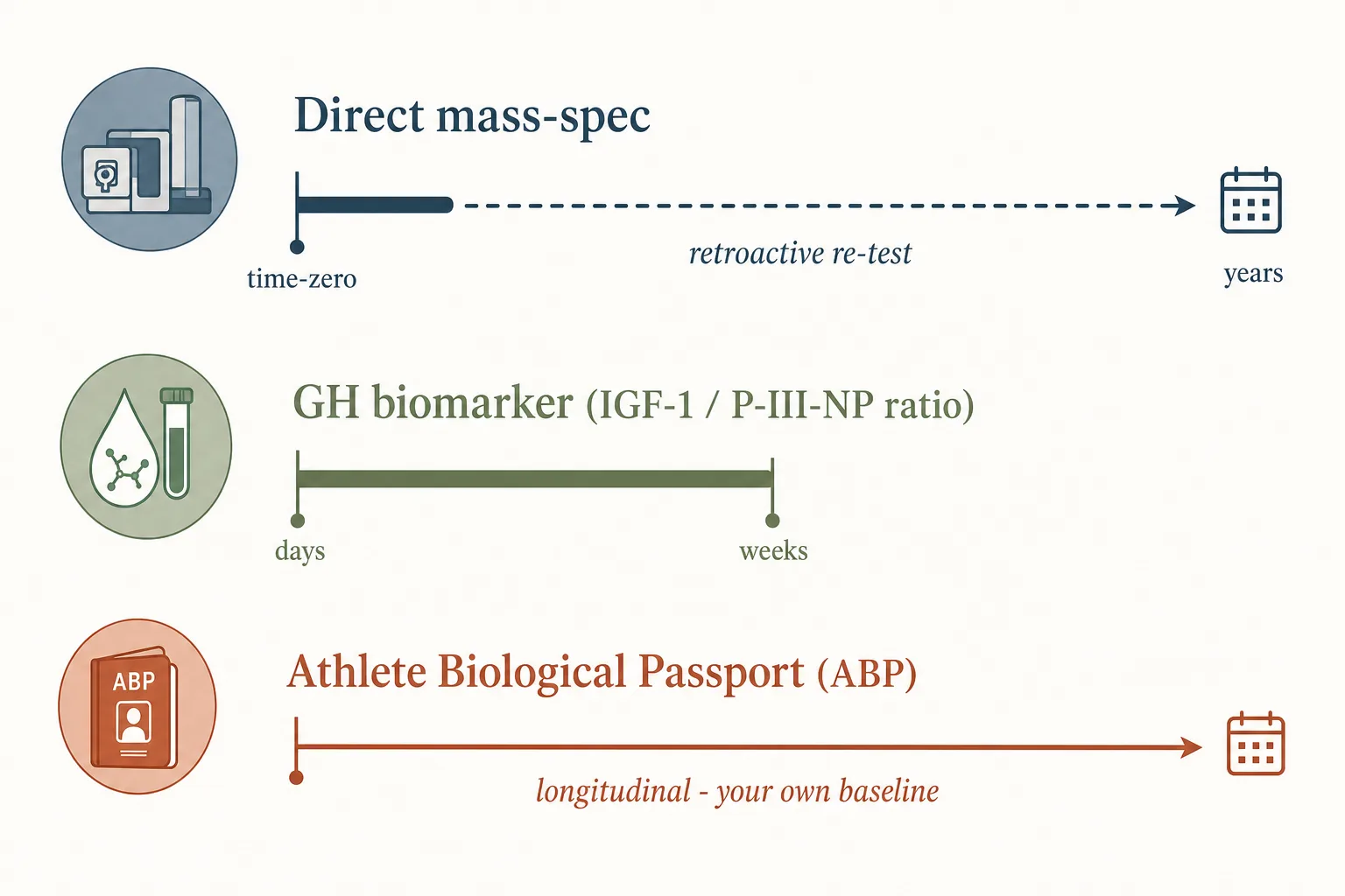 Editorial illustration on a soft off-white background, magazine style. Three small horizontal timeline strips stacked vertically, each labelled with a detection pathway. Top strip: 'Direct mass-spec' showing a short solid bar near time-zero and a dashed continuation labelled 'retroactive re-test', extending years to the right. Middle strip: 'GH biomarker (IGF-1 / P-III-NP ratio)' showing a much longer solid bar extending days-to-weeks. Bottom strip: 'Athlete Biological Passport (ABP)' showing a continuous line extending across the entire panel labelled 'longitudinal - your own baseline'. Restrained palette of slate-blue, sage and warm rust on bone, generous white space, no chart axes.