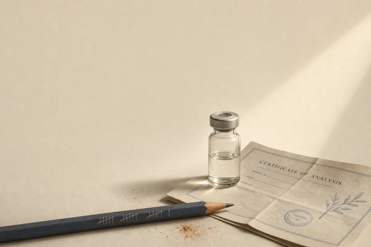 Editorial still life on bone-coloured background. A small unbranded glass vial sits beside a folded paper certificate and a pencil with a few tally marks scratched out next to it. A thin diagonal beam of soft overhead light catches the vial. The composition reads as a quiet diagnostic moment, not a triumphant before/after. Restrained palette of slate-blue, warm rust and bone, magazine-grade typography, no faces, generous negative space at the top for a headline.