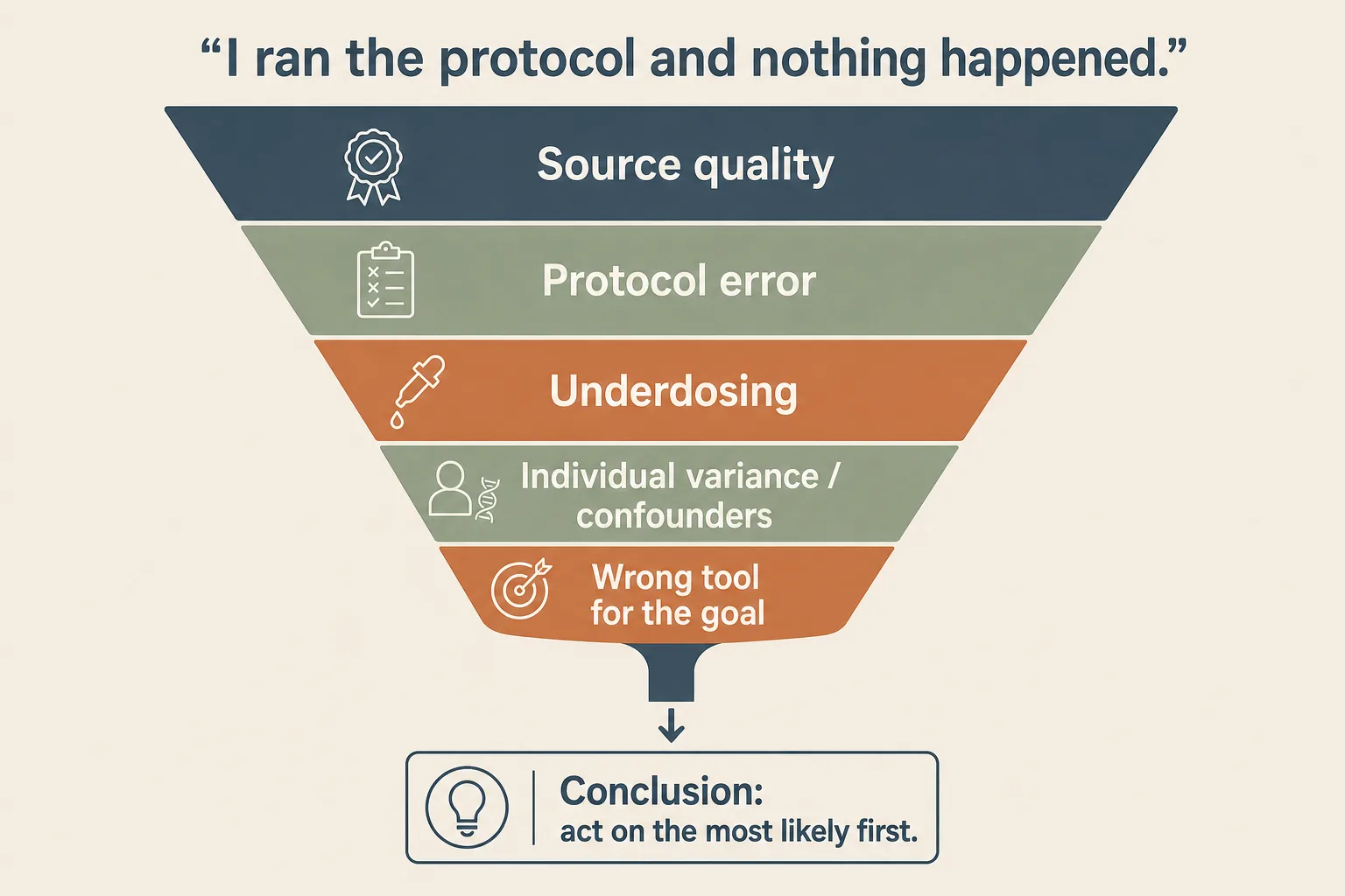 Editorial diagnostic-funnel illustration on bone-coloured background. A wide funnel labelled at the top 'I ran the protocol and nothing happened.' Inside the funnel, five horizontal stripes from top to bottom in decreasing width: 'Source quality' (widest), 'Protocol error', 'Underdosing', 'Individual variance / confounders', 'Wrong tool for the goal' (narrowest). At the bottom the funnel narrows to a single labelled outflow 'Conclusion: act on the most likely first.' Restrained palette of slate-blue, sage and warm rust on bone, sans-serif typography, no faces, magazine-grade infographic style.
