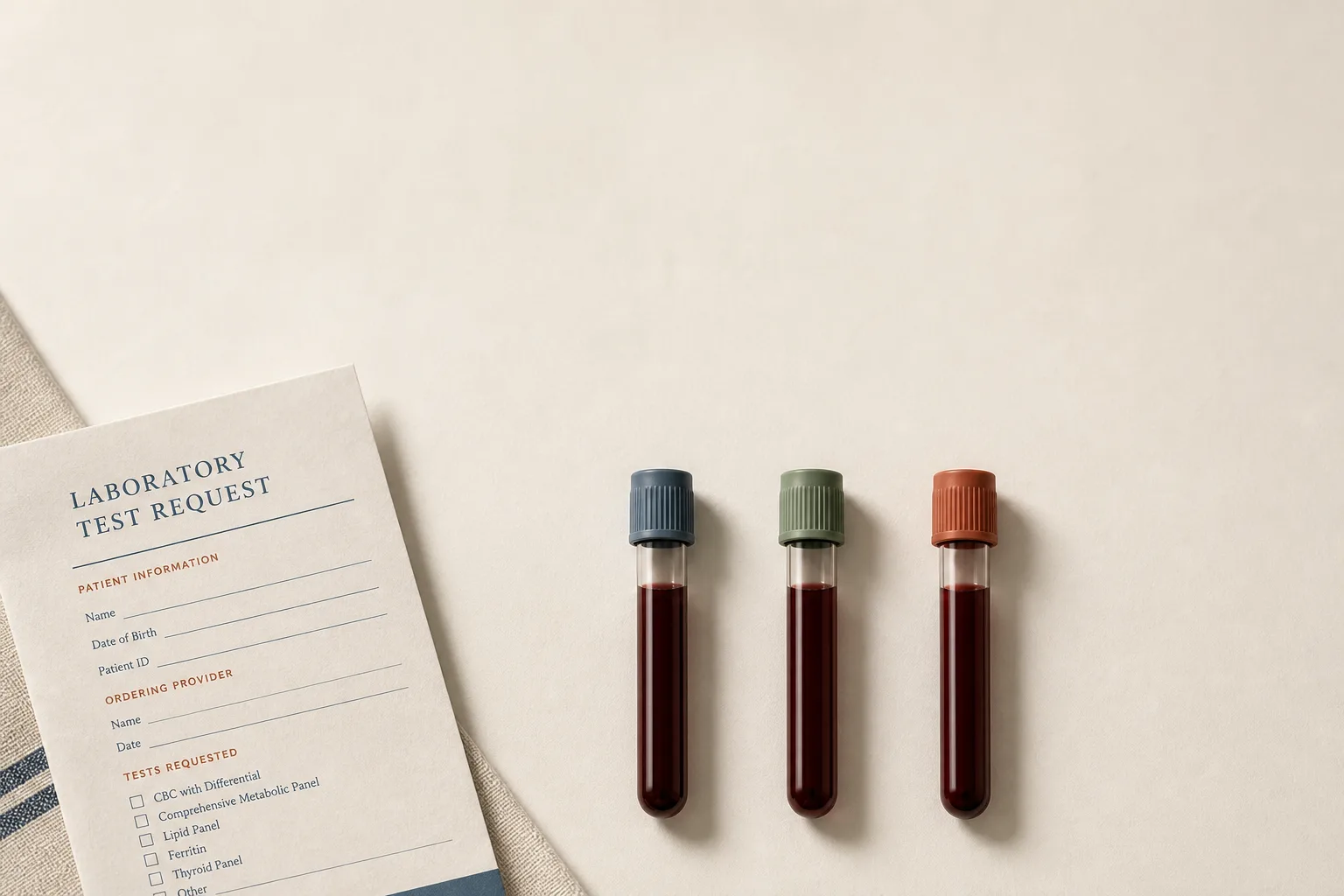 Editorial overhead still life on a soft off-white surface: three small unbranded blood-collection tubes laid horizontally in a row, each tube cap a different muted hue (slate-blue, sage, warm rust). A folded paper request form is visible at the edge of frame as a textured background element. No faces, no clinical setting, no needles depicted. Magazine-grade reference style, restrained palette of bone, slate-blue and warm rust, sans-serif typography, generous negative space at the top for a headline.