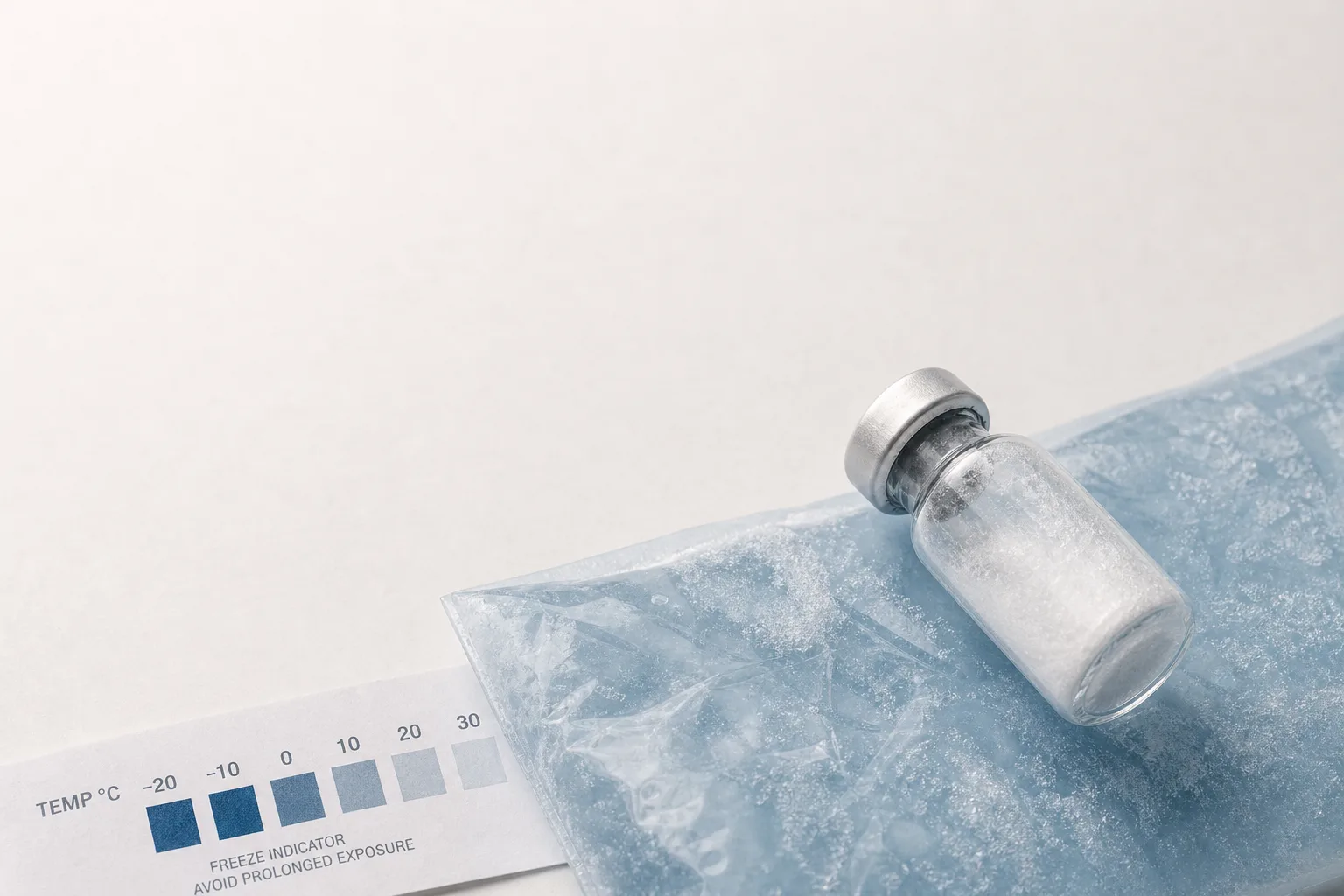 Editorial overhead still life on a soft off-white surface: a small unbranded glass vial sitting on a thin slice of cold-pack gel, with a faint frost effect, and a thin paper temperature-strip indicator just visible at the edge of frame. No faces, no clinical setting, no needles depicted. Magazine-grade reference style, restrained palette of bone, slate-blue and pale ice-blue, sans-serif typography, generous negative space at the top for a headline.