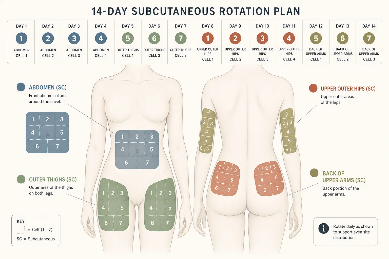 Editorial overhead anatomical diagram on a soft off-white background, magazine style. Abstract front-facing torso silhouette with four labelled SC zones: abdomen, outer thighs, upper outer hips, and back of upper arms - each shaded in a distinct muted hue (slate-blue, sage, warm rust, dusty olive). Each zone subdivided into a small dotted-grid showing seven numbered cells. A 14-day calendar strip runs across the top, with each day annotated by zone-cell pair. Restrained palette, clean medical-illustration style, no faces, no needles depicted, generous white space, sans-serif typography.