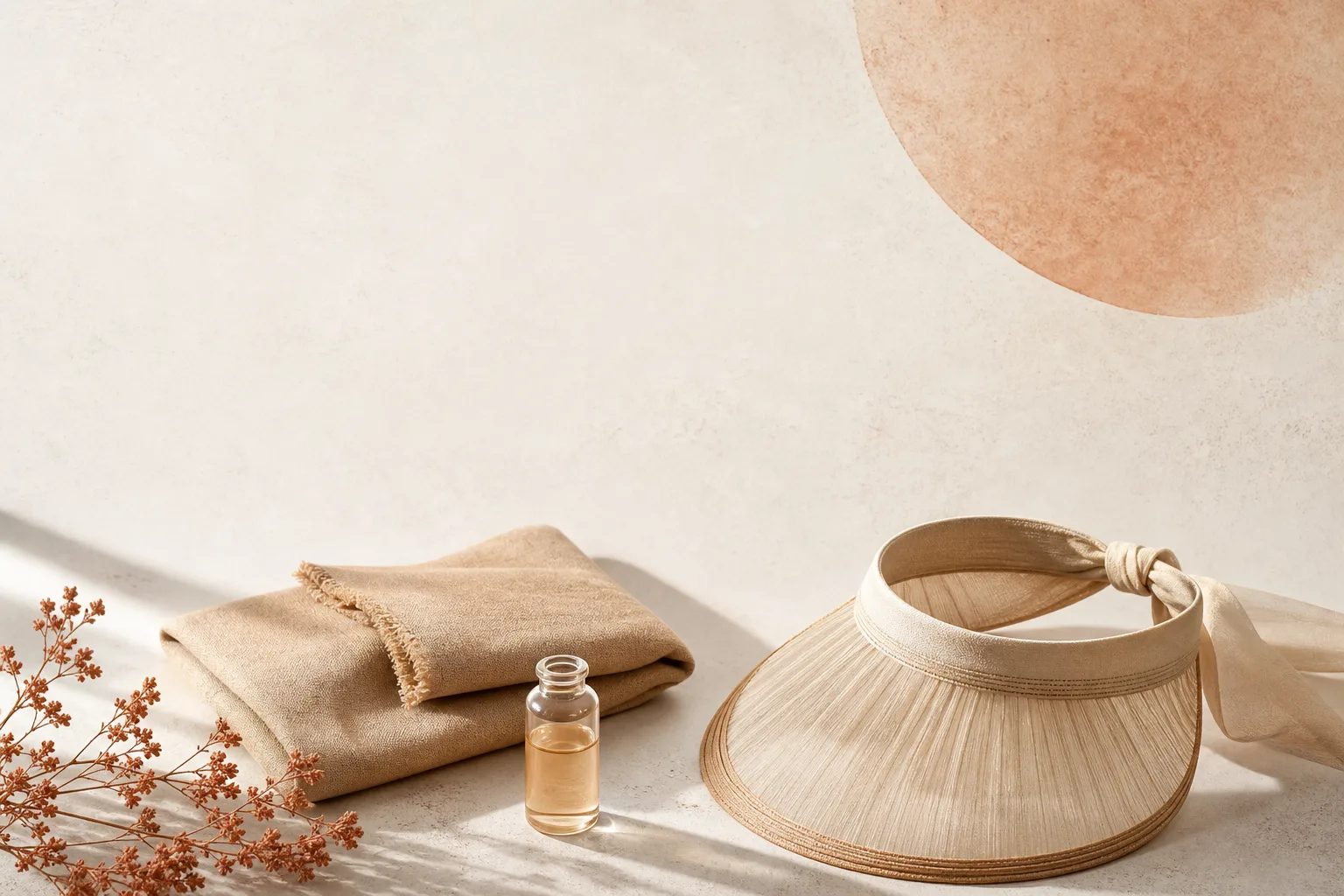 Editorial overhead still life on a soft off-white surface: a small unbranded glass vial sitting next to a folded swatch of warm sand-coloured fabric and a thin cotton sun-visor, with a soft circular sun-shape illustration above as a textured background element. No faces, no clinical setting, no needles depicted. Magazine-grade reference style, restrained palette of bone, warm rust and sand-tan, sans-serif typography, generous negative space at the top for a headline.