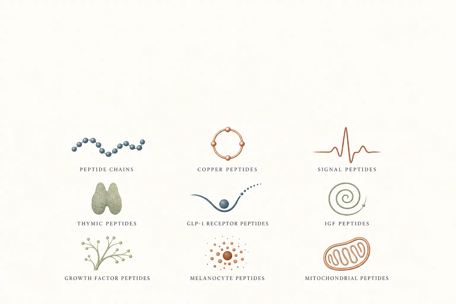 Editorial overhead infographic on a soft off-white surface: a 3x3 grid of small abstract glyphs each representing a peptide class - chain, copper ring, pulse wave, thymus silhouette, GLP-1 receptor curve, IGF spiral, growth-factor branch, melanocyte dot pattern, mitochondrial coil. Each glyph in muted distinct hues against bone background, generous spacing, no labels, no faces, magazine-grade reference style, restrained palette of slate-blue, sage, warm rust and copper, generous negative space at the top for a headline.