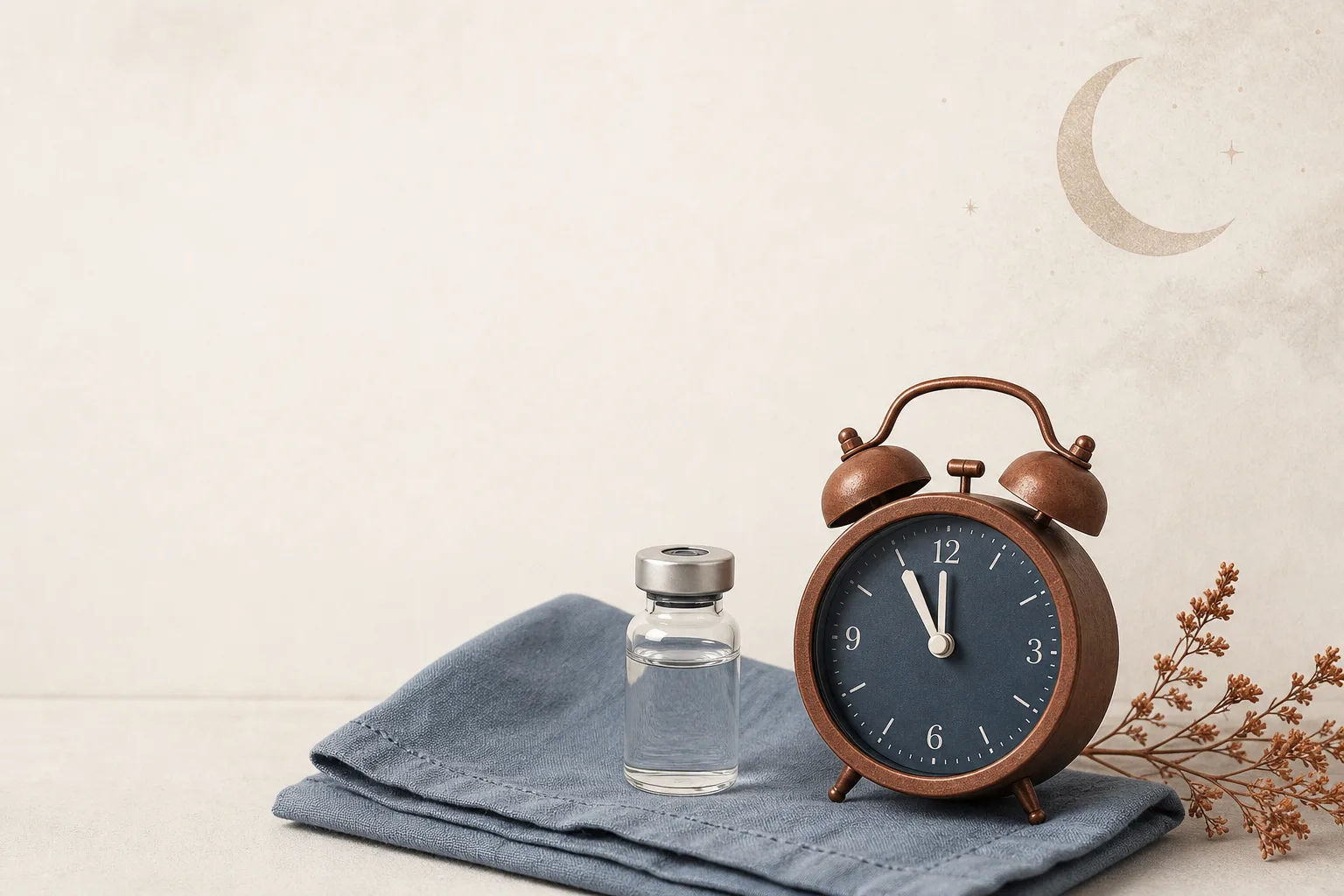 Editorial overhead still life on a soft off-white surface: a small unbranded glass vial sitting on a folded cotton napkin next to a small analog alarm clock showing 11pm. A faint moon-shape illustration above as a soft background element. No faces, no clinical setting, no needles depicted. Magazine-grade reference style, restrained palette of bone, slate-blue and warm rust, sans-serif typography, generous negative space at the top for a headline.
