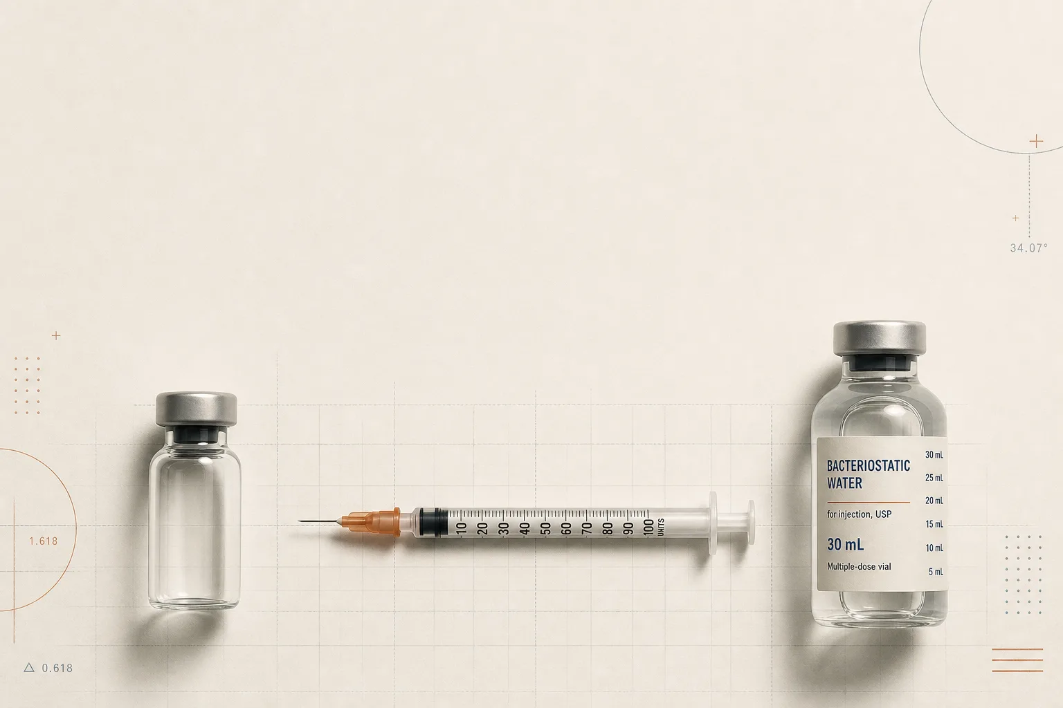 Editorial flat-lay illustration on a soft off-white surface: a small unbranded glass vial, an insulin syringe with the barrel laid horizontal, and a small ml-marked vial of bacteriostatic water, all spaced cleanly with a thin underlying grid pattern suggesting math reference. No faces, no clinical setting, no needles depicted in tissue. Magazine-style infographic, restrained palette of bone, slate-blue and warm rust, generous negative space at the top for a headline.