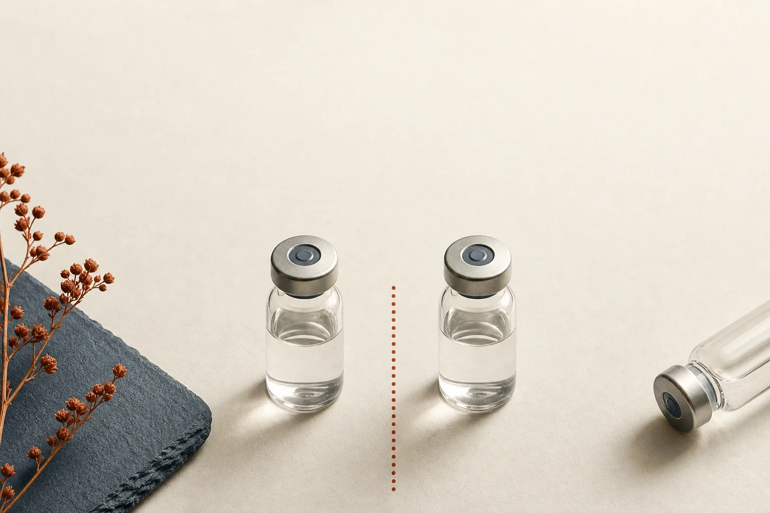 Editorial overhead illustration on a soft off-white surface: two small unbranded glass vials laid side by side with a thin red caution stripe drawn between them in dotted ink, plus a third vial set apart at the edge of frame as a textured background element. No faces, no clinical setting, no needles depicted. Magazine-grade reference style, restrained palette of bone, slate-blue and warm rust, sans-serif typography, generous negative space at the top for a headline.