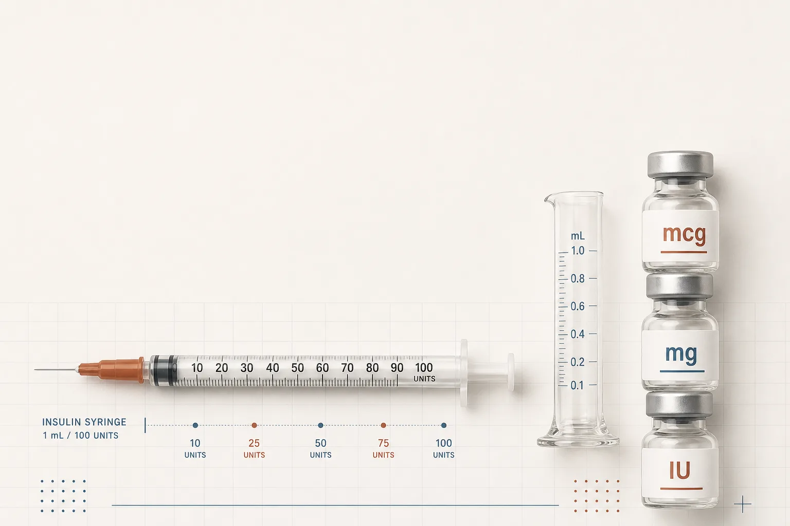 Editorial flat-lay infographic on a soft off-white surface: an insulin syringe lying horizontal with unit-mark gradients clearly visible, a small ml-marked measuring cylinder, and a labelled stack of three small vials marked 'mcg', 'mg', 'IU' in clean sans-serif type. Thin underlying grid lines suggest reference-card aesthetic. No faces, no clinical setting, no skin or tissue depicted. Magazine-style infographic, restrained palette of bone, slate-blue and warm rust, generous negative space at the top for a headline.