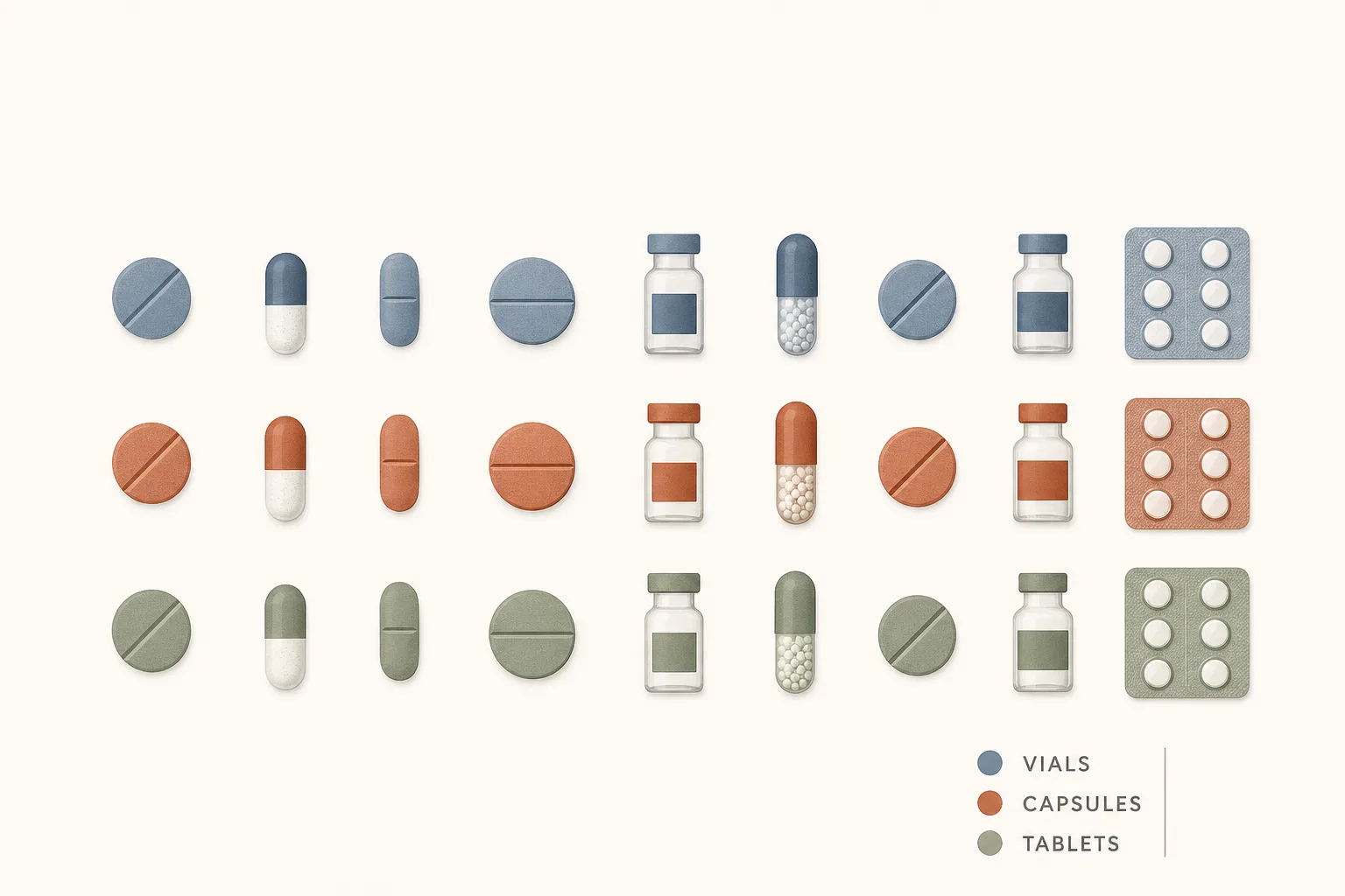Editorial overhead illustration on a soft off-white surface: a clean grid of small abstract pill / vial / capsule glyphs arranged in three rows, each row tinted in a distinct muted hue (slate-blue, warm rust, sage). A small key in the corner pairs each colour with a category label suggested by tone alone. No faces, no clinical setting, no needles depicted. Magazine-grade reference style, restrained palette, sans-serif typography, generous negative space at the top for a headline.
