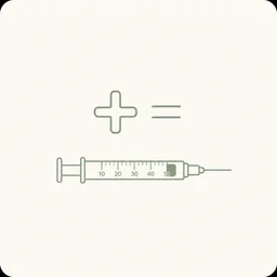 Editorial flat icon, monochrome line-art on a soft off-white tile: a small insulin syringe laid horizontally beneath a stylised plus-sign / equation symbol, suggesting unit-mark math. Restrained palette of sage green on bone, generous negative space, no text labels.