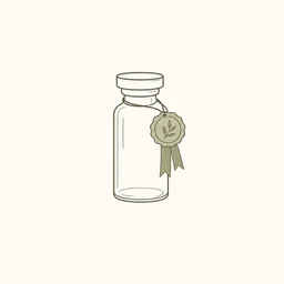 Editorial flat icon, monochrome line-art on a soft off-white tile: a small unbranded glass vial with a thin certificate or seal-tag ribbon hanging off its neck, suggesting verified sourcing. Restrained palette of dusty olive on bone, generous negative space, no text labels.