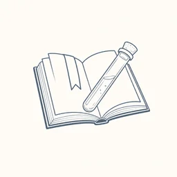 Editorial flat icon, monochrome line-art on a soft off-white tile: a small open book with a folded bookmark ribbon and a thin vial laid diagonally across it, suggesting practical reference. Restrained palette of slate-blue on bone, generous negative space, no text labels.