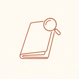 Editorial flat icon, monochrome line-art on a soft off-white tile: a folded sheaf of papers with a small magnifying glass overlapping the top corner, suggesting research notes and review. Restrained palette of warm rust on bone, generous negative space, no text labels.